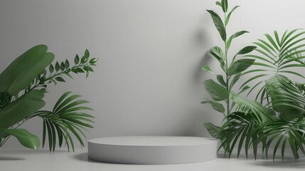 3d gray stage background product display podium scene with leaf platform, grey background vector 3d...
