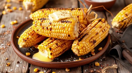 A plate of fresh grilled corn on the cob with melting butter and a sprinkle of salt, placed on a rustic wooden picnic table.
