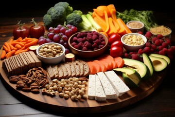 A wooden table full of healthy food including fruits, vegetables, nuts, seeds, and bread