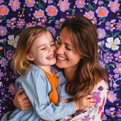 A happy mother and her daughter, purple fabric with floral pattern behind them