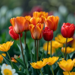 Close-up of a field of red and yellow tulips in full bloom