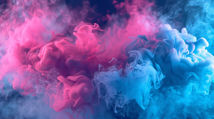 A chaotic yet beautiful explosion of smoke in neon pink and electric blue, clashing and blending in a dynamic abstract expression.