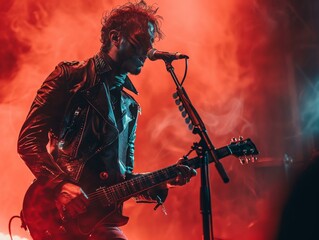 Rock musician performing live on stage with red lighting