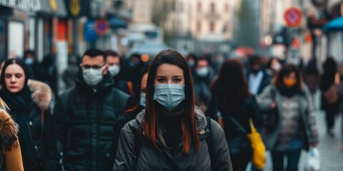 Fototapeta premium Crowded city street with people wearing surgical masks during COVID-19 pandemic