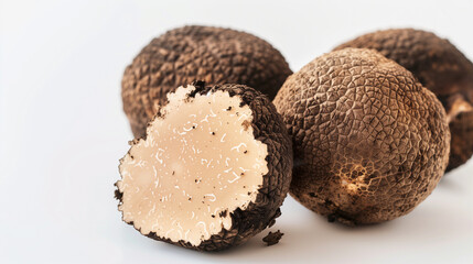 raw truffle mushroom highlighted on a white background with full depth of field . Black truffles group and slices isolated on white, clipping path included
