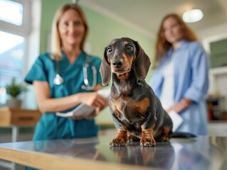 veterinary clinics examining sick dog sitting on table