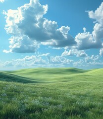 Green rolling hills under blue sky and white clouds