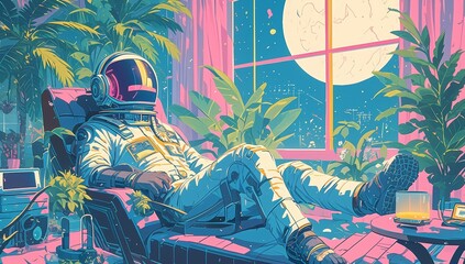 A digital art piece of an astronaut lounging on a chaise