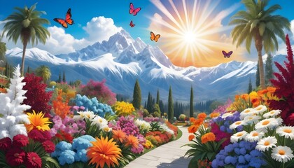 Happy summer season background with having garden full of flowers summer trees butterflies clouds sky and bright sun behind a beautifil view
