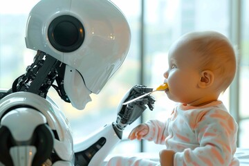 A robot is spoon feeding a toddler 
