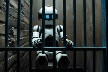 A robot is in jail sitting down behind the bars