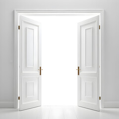 White double doors swinging open against seamless transparent background, highlighting contrast in shadows and light.