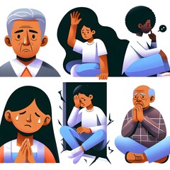 Set of people suffering from depression. Vector illustration in cartoon style.