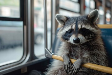 A racoon is riding a bus as a passenger