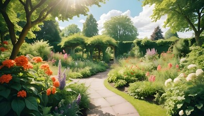 Obraz premium Happy summer season background with having garden full of flowers summer trees butterflies clouds sky and bright sun behind a beautifil view