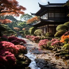 Fototapeta premium Japanese garden with a traditional house and a pond