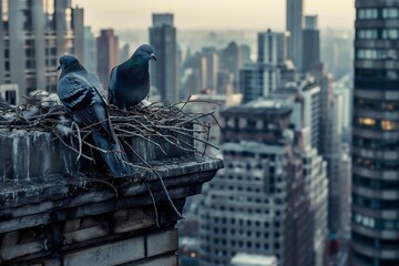 Pigeons built a nest on a skyscraper in New York