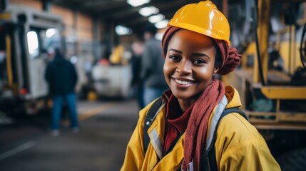 Portrait of a smiling young African American woman wearing a hard hat in a warehouse - Powered by Adobe
