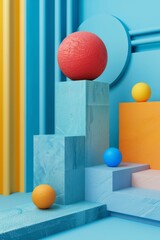 3D rendering of geometric shapes with balls on podiums