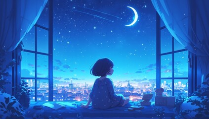 A little girl sits on the bed, gazing out of an open window at night with stars and moon in the sky. The city lights can be seen outside through her window, creating a magical atmosphere. 