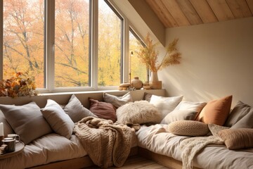 A cozy living space with a large window looking out onto a beautiful fall landscape.