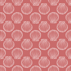 Underwater seamless pattern with seashell line art illustration in white color on pink background. Scallop sketch, seashell line drawing. Summer beach ocean print for background, textile, fabric
