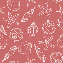 Underwater seamless pattern with seashell line art illustrations in white color on pink background. Scallop sketch, seashell line drawing. Summer ocean beach print for background, textile, fabric