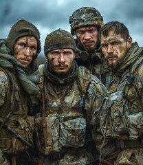 Fototapeta premium Four soldiers in camouflage uniform with weapons