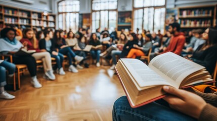 Obraz premium Focused on reading a book in a library full of people