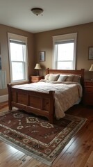 A bedroom with a large bed, two windows, and a carpet on the floor