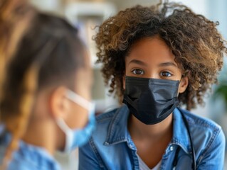 Young African American girl wearing a mask looking at another person - Powered by Adobe