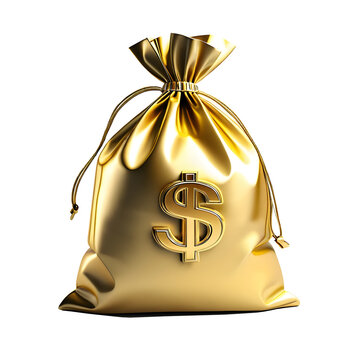 3D money bag with gold dollar sign symbolizing business saving, finance, investment, banking, and financial services on transparent background.