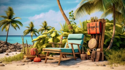 chairs and piles of luggage on a tropical beach.AI generated image