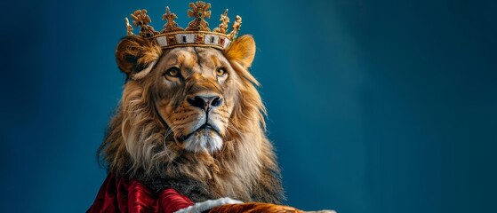 A closeup halfbody of a charismatic alpha male lion dressed as a king