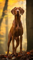 A Vizsla dog standing in the woods