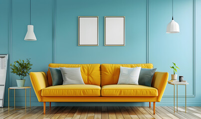 View of living room in minimal style with yellow sofa and fiddle fig on laminate floor