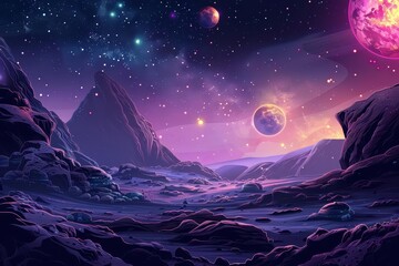 Fototapeta premium A fantastic night landscape of an unknown planet is vividly portrayed in the futuristic space banner, inspiring awe and wonder, Sharpen banner template with copy space on center
