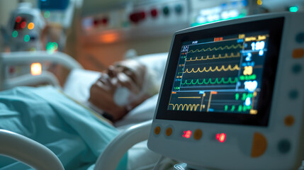 Monitoring of patient's heart in intensive care unit. Electrocardiogram in hospital surgery operating emergency room showing patient heart rate.