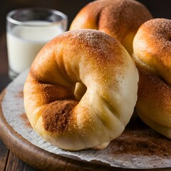 Cinnamon Sugar Bagels on a Tray and a Glass of Milk