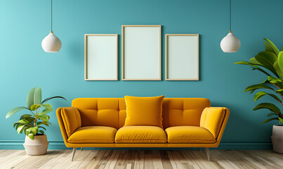 View of living room in minimal style with yellow sofa and fiddle fig on laminate floor
