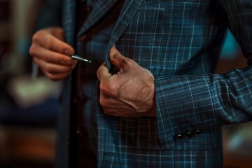 A tailor fits a bespoke suit in his shop