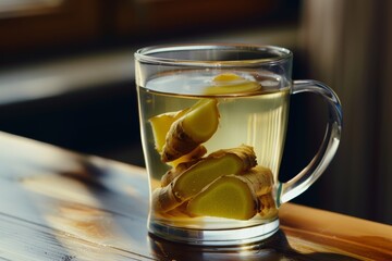 Refreshing Ginger Tea with Lemon Slices in a Clear Glass Mug

