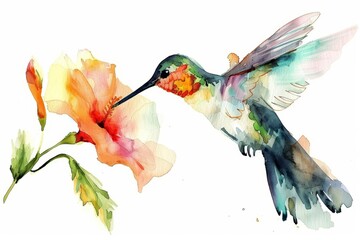 Obraz premium A watercolor painting of a minimalistic hummingbird sipping nectar from a flower, Clipart isolated on white background