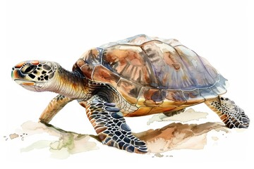 Fototapeta premium A watercolor painting of a friendly turtle slowly trekking across a sandy beach, Clipart isolated on white background