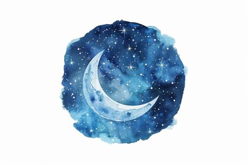 A watercolor painting of a minimal starry sky with a crescent moon, Clipart isolated on white background