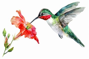 A watercolor painting of a minimalistic hummingbird sipping nectar from a flower, Clipart isolated on white background