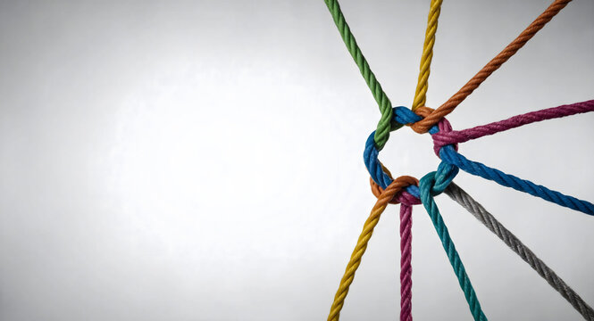 Concept of team unity and teamwork idea as a business metaphor for joining a partnership as diverse ropes connected together as a corporate symbol for cooperation and working collaboration.
