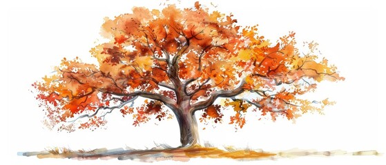 A watercolor painting of clean lines sketching a majestic oak tree in autumn, Clipart isolated on white background