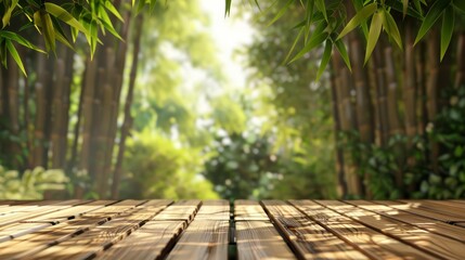 A wooden table in the blurred background of a bamboo tree garden accentuates the tranquility of the setting, Sharpen 3d rendering background