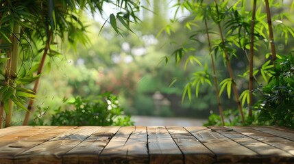 A wooden table in the blurred background of a bamboo tree garden accentuates the tranquility of the...